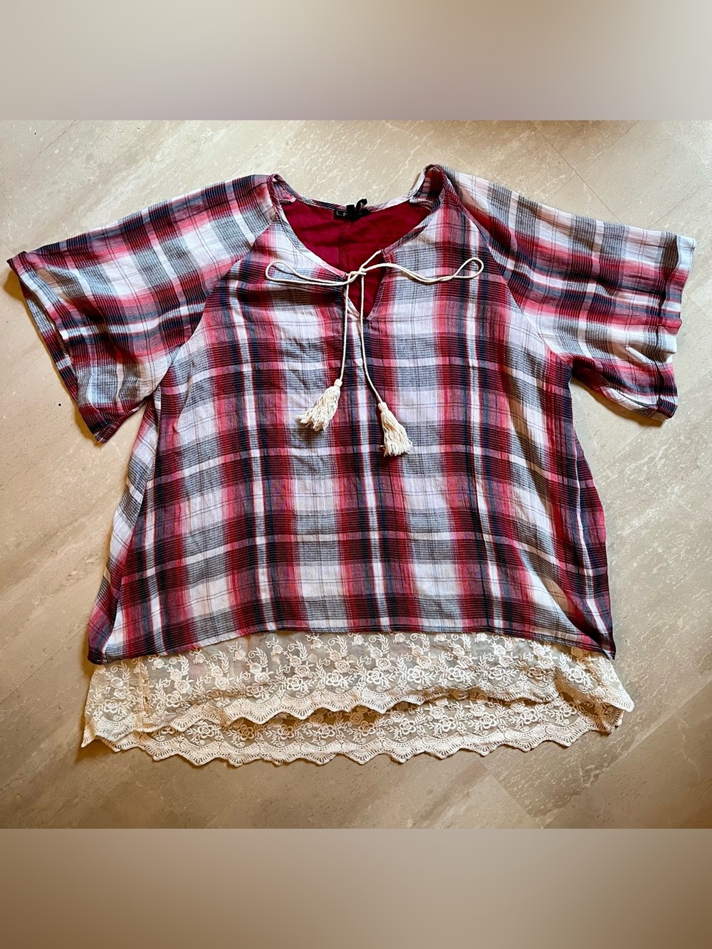 Boutique Layered Plaid & Lace Top